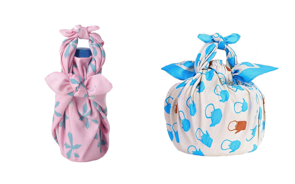 Left: Pink furoshiki wrapped around bottle | Right: Furoshiki decorated with kettles wrapped around bento