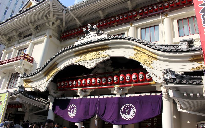 A “kamon” (family crest) seen at the front entrance of the Kabukiza Theatre in Japan.