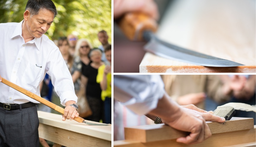 Left Image: Master carpenter Akinori Abo using a sharp tool on wood. Top Right: An image of close-up of a knife-like tool. Bottom Right: A hand planing the wood.