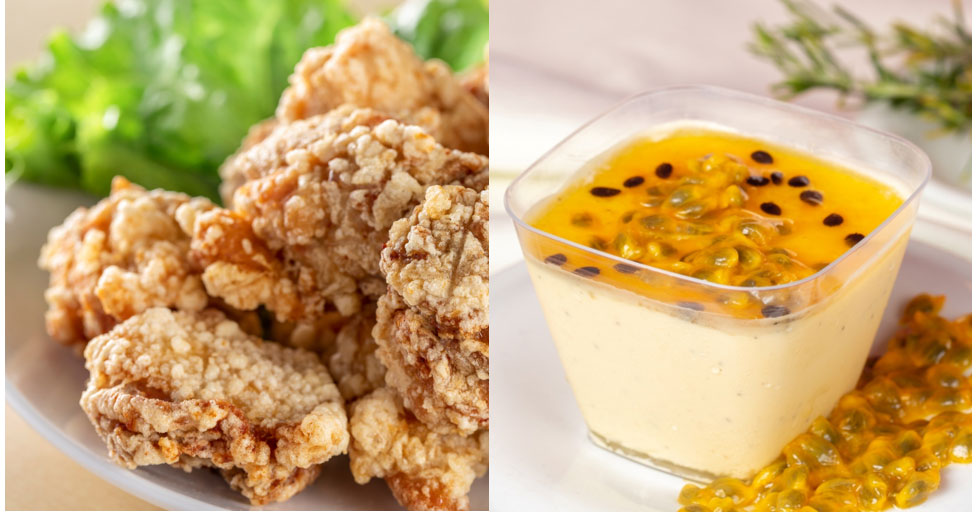 Left: Karaage (fried chicken) | Right: Passionfruit mousse