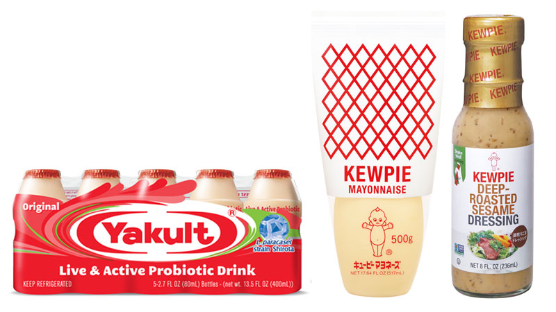 Left: Yakult probiotic drink / Middle: Kewpie mayonnaise bottle / Right: Kewpie salad dressing bottle