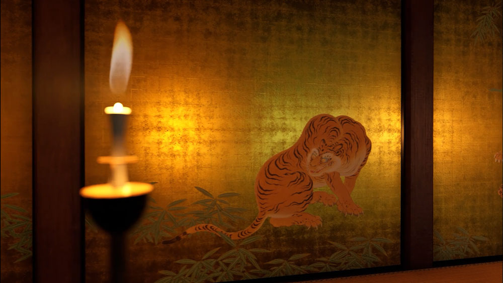 A closeup of a Byoubu with tiger artwork from virtual production scenery used in the NHK Taiga Drama “What Will You Do, Ieyasu? (Dou Suru Ieyasu?)”