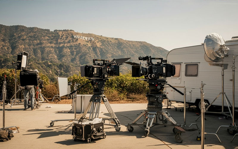 An outdoor film set with the Hollywood sign in the background