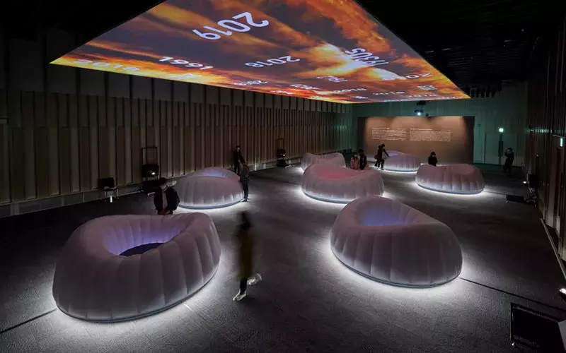 The exhibition room at the Living with Disaster: Stories from Seven Regenerative Cities Exhibition in Tokyo, Japan.