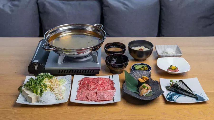 Shabu shabu broth, meat, vegetables, sauce, sushi, beef tartare, zosui