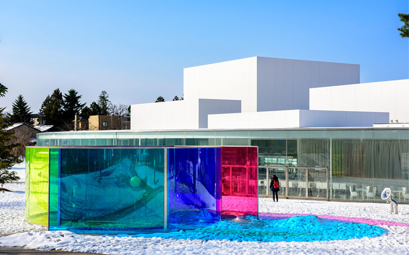 The image shows the 21st Century museum if Contemporary Art in Kanazawa, Japan.