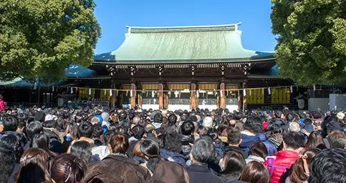 Japanese temple during Hatsumode illustrating New Year spiritual customs