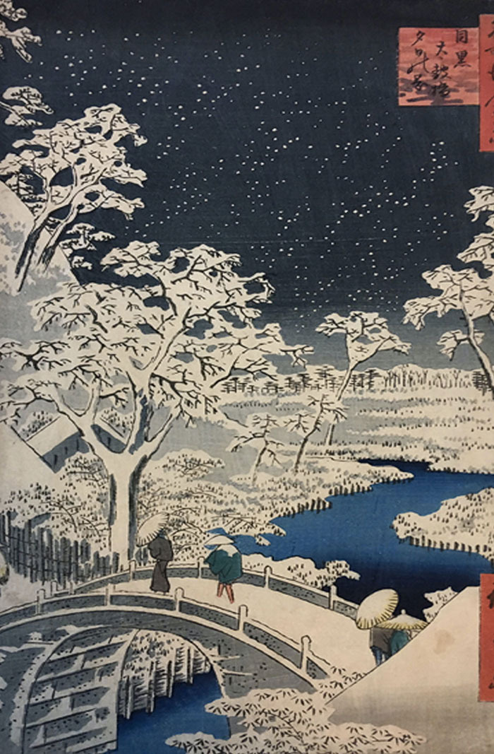 Snowy twilight scene of Meguro Drum Bridge and Setting Sun Hill, artwork by Utagawa Hiroshige.
