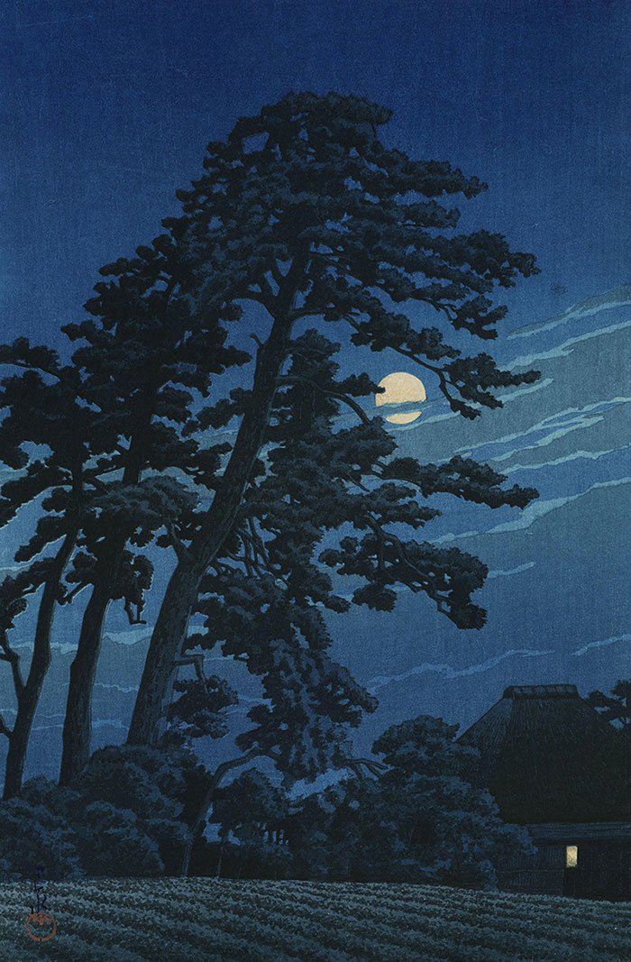 Full moon over pine trees and farmhouse at Magome, artwork from Twenty Views of Tokyo by Kawase Hasui.